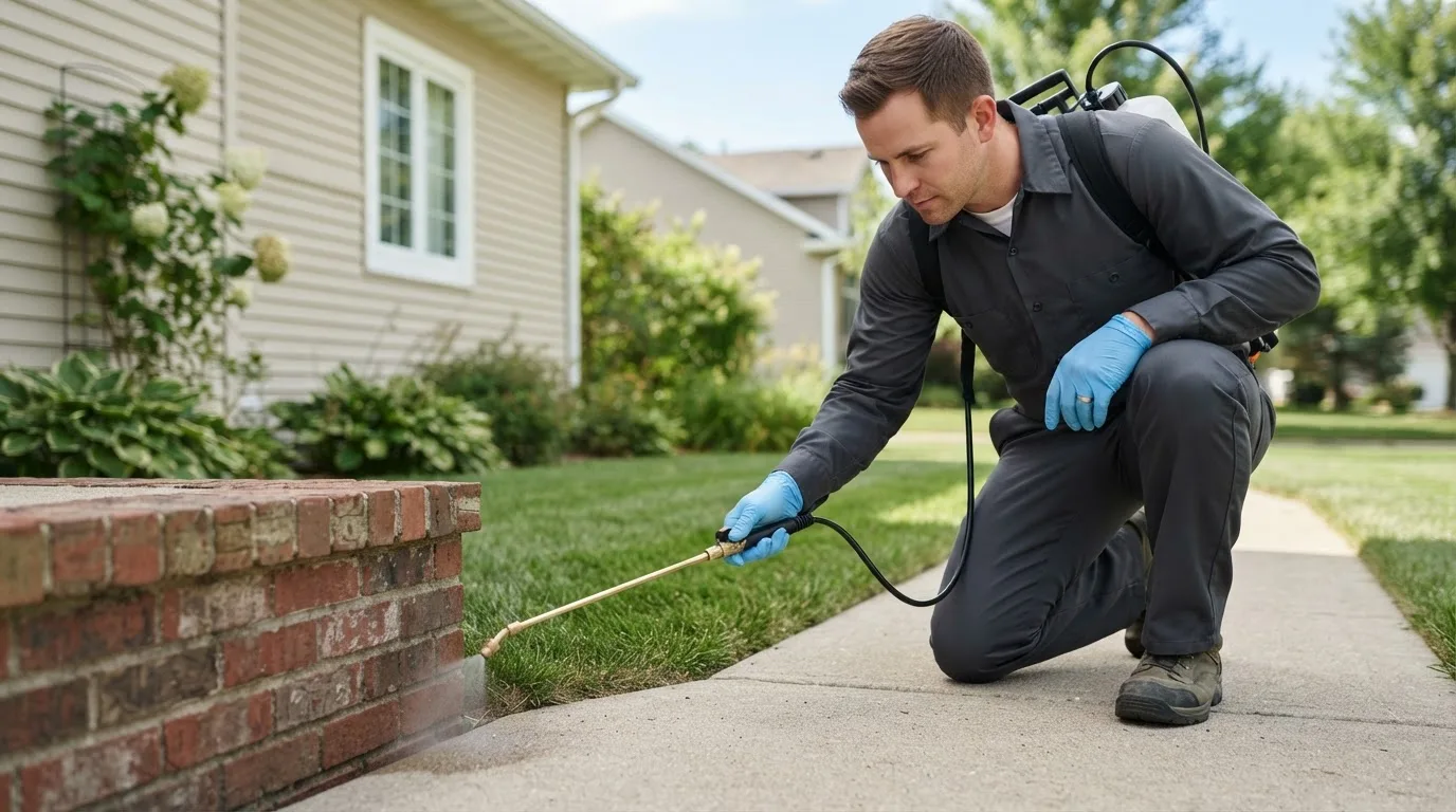 Pest control technician treating a home near Roaring Springs, TX